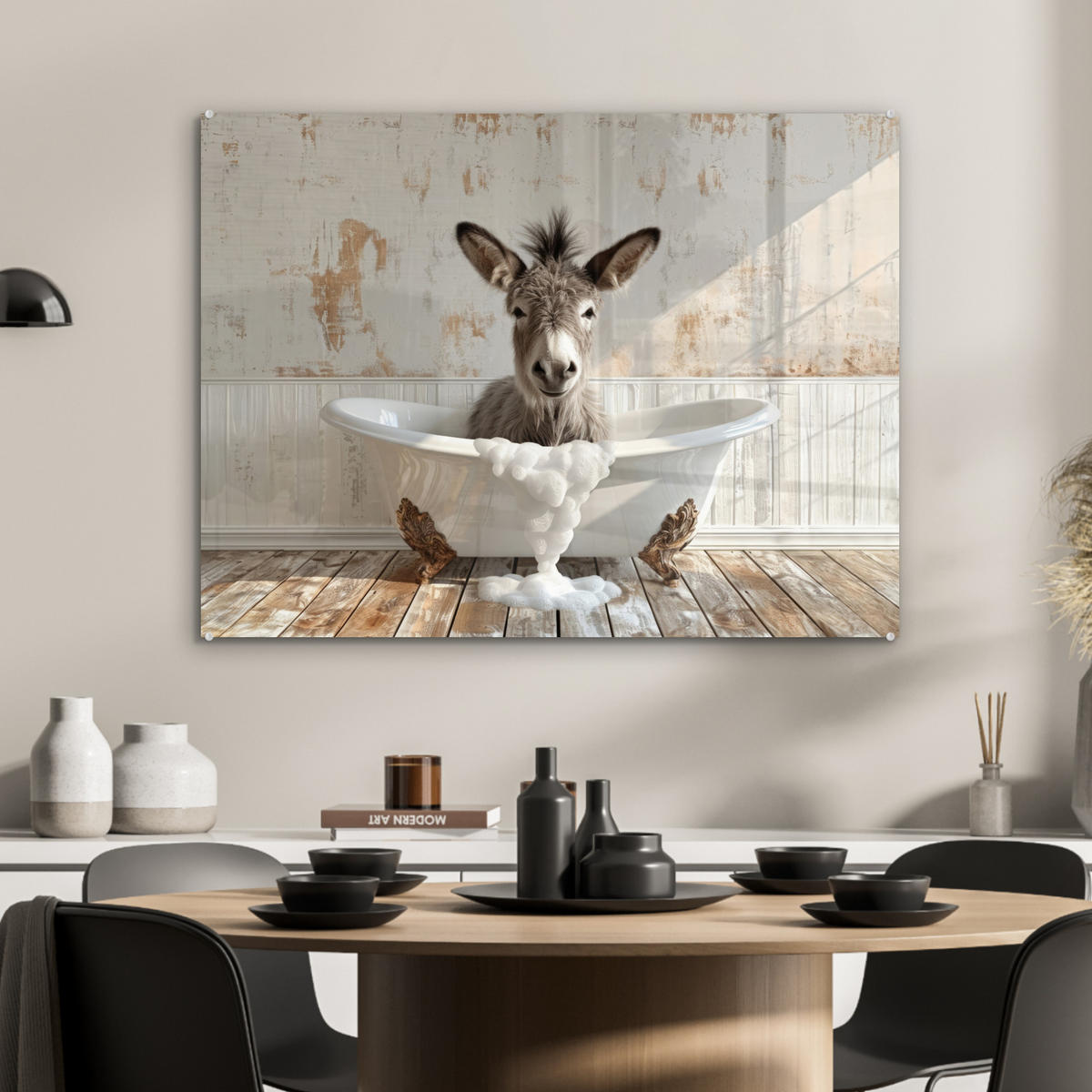 ACRYLGLASBILD Esel - Tiere - Badewanne - Schaumstoff 80x60 cm - Weiß, Glas (80/60cm) - MuchoWow