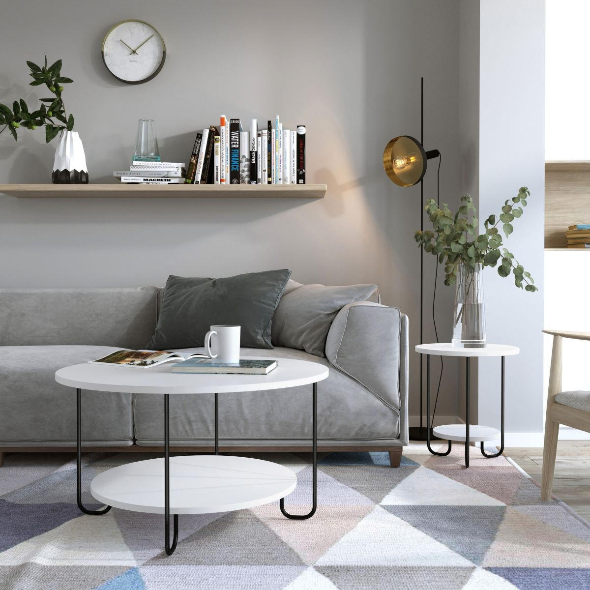 COUCHTISCH mit 2 Tabletts und Metallfüßen - Diam 80 cm - Corro - Weiß, Holzwerkstoff (80/80/45cm) - Calicosy