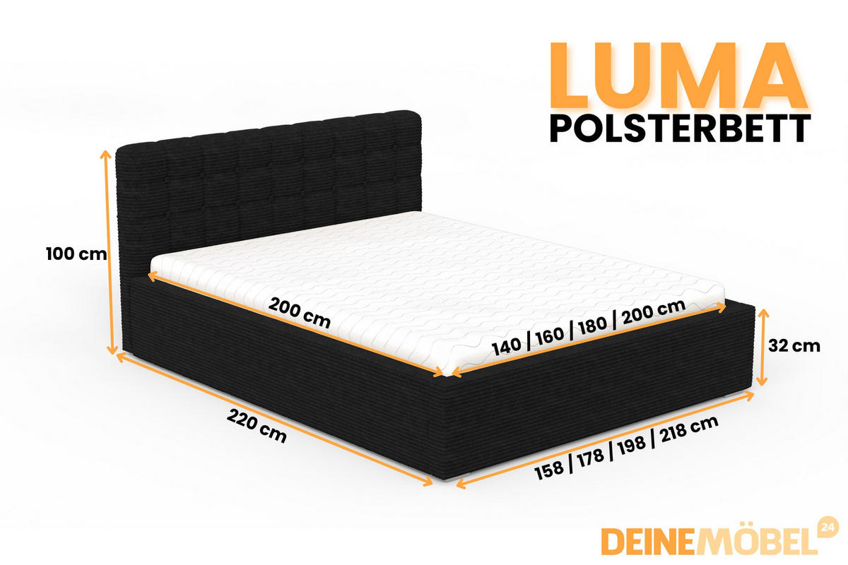 POLSTERBETT LUMA 140/200 in Cord Schwarz - Schwarz, Holzwerkstoff/Textil (140/200cm) - Deine Möbel 24