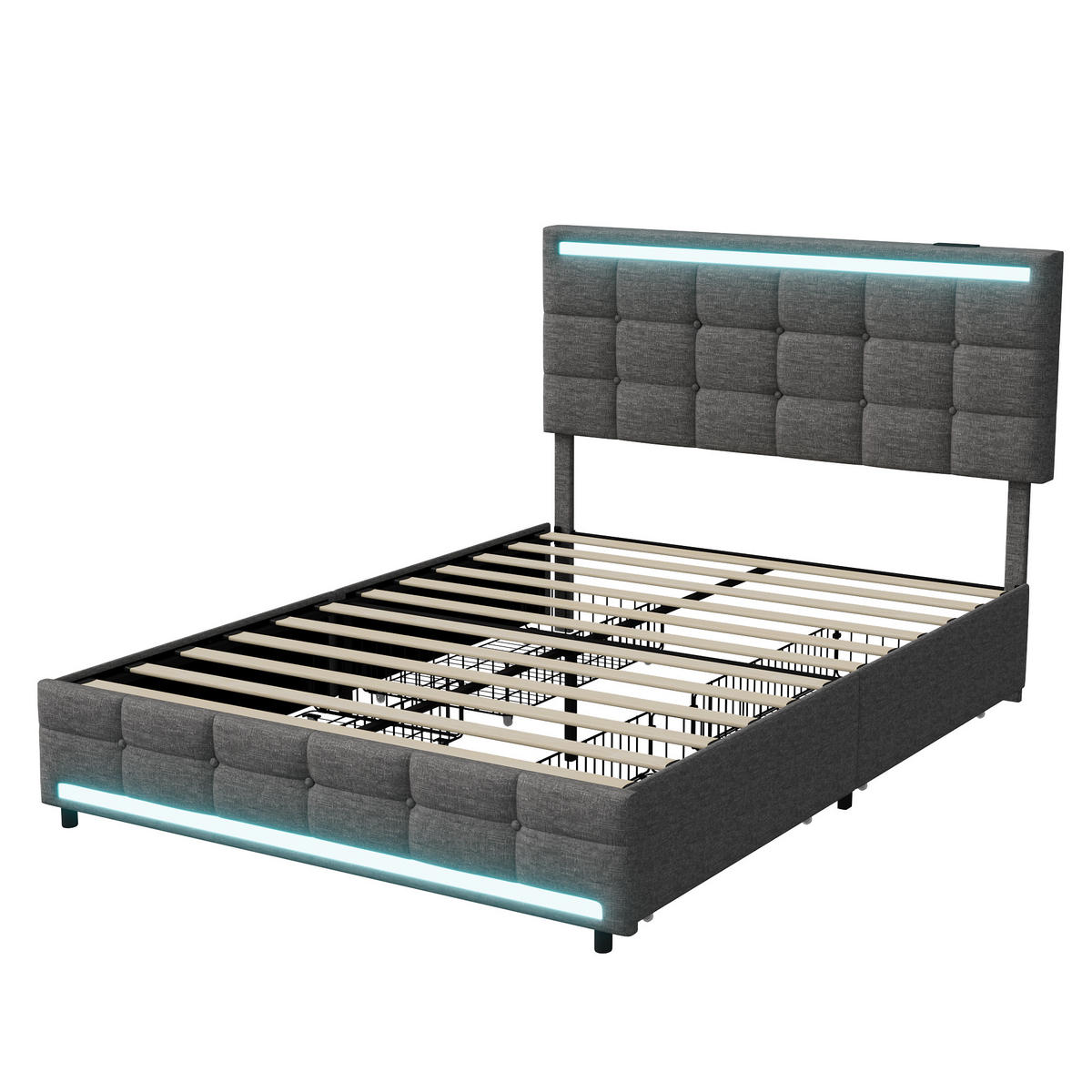 POLSTERBETT 140x200 cm LED USB 4 Schubladen Stauraum Leinen grau - Grau, Holz (140/200cm) - LEBENLANG