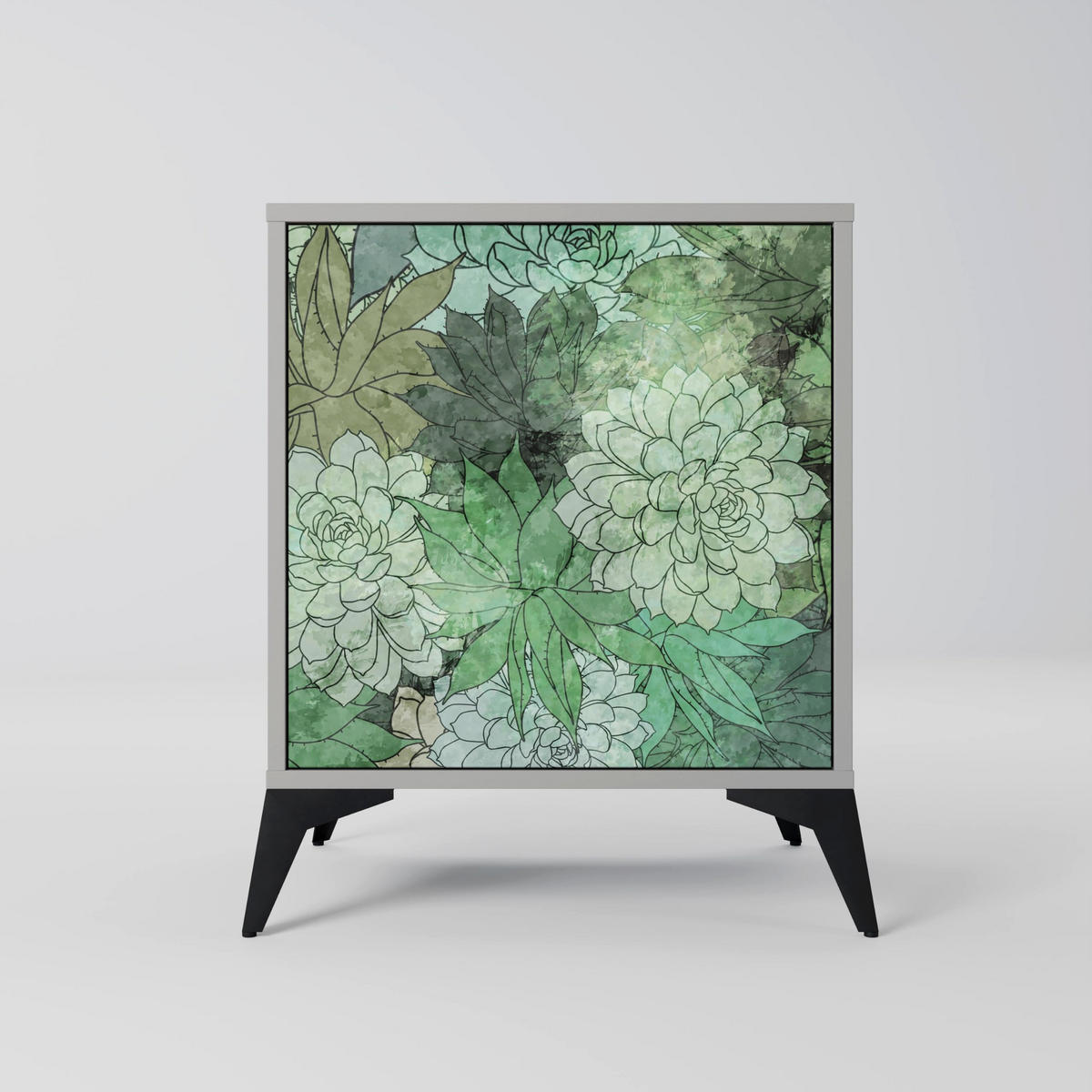 SIDEBOARD SUCCULENT CLUSTER, Grau, 57,5x42x67,5 cm, Schwarze Metall-Rahmenfüße - Multicolor/Schwarz, Holzwerkstoff/Metall (57.5/67.5/42cm) - SpaceRebels