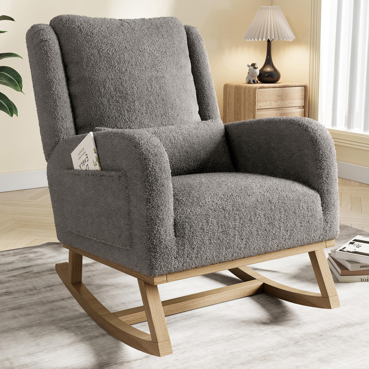 SCHAUKELSTUHL Plüsch Lendenstütze Taschen Holzfüße grau - Grau, Holz (52/96/93cm) - LEBENLANG