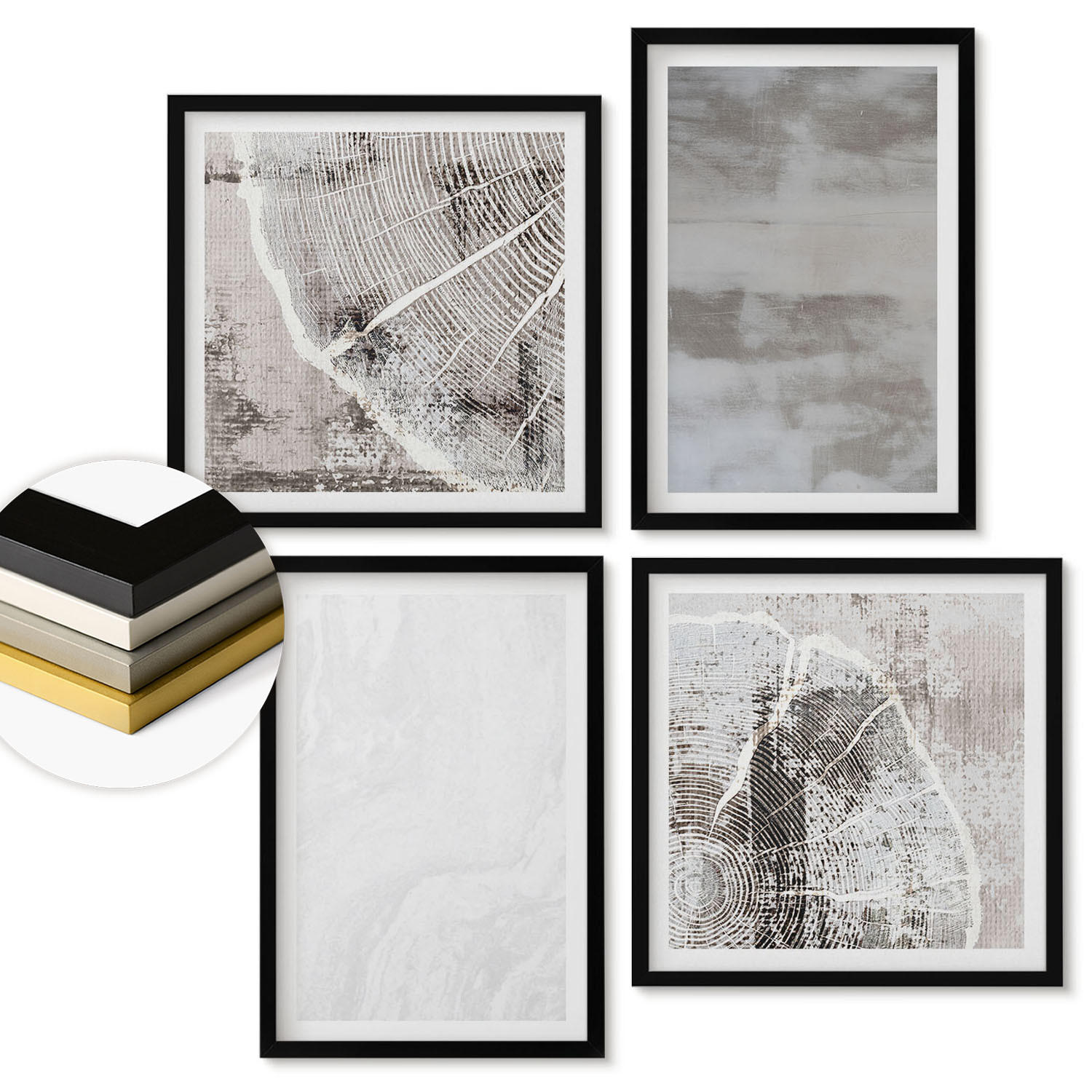WANDBILDER 4er-Set - 50x50 cm & 40x60 cm Schwarzer Rahmen - Abstrakte moderne Formen - Schwarz, Kunststoff (50/50cm) - ArtPrintCave