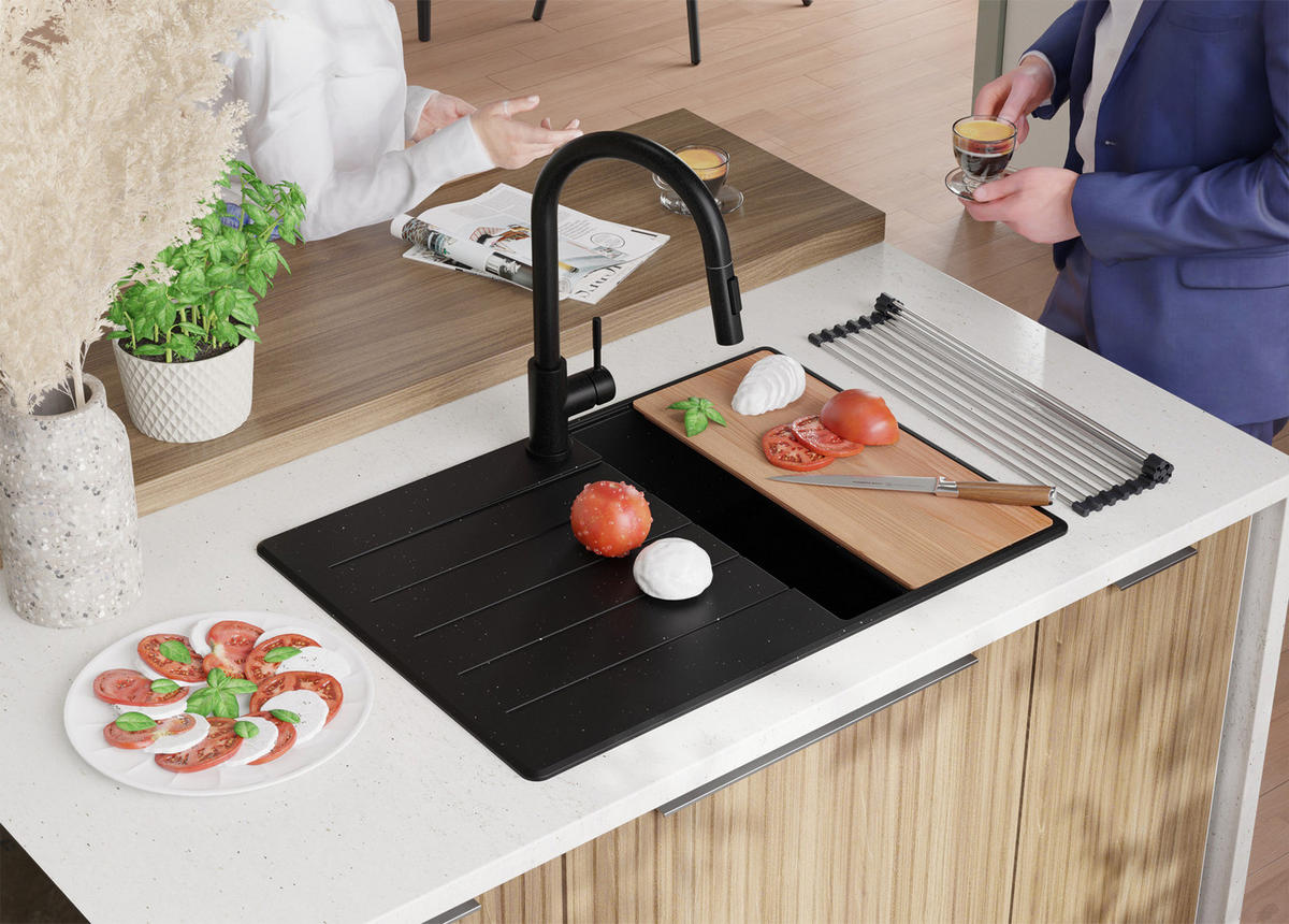 SPÜLBECKEN Kopenhagen, 2-er set Schwarz Metallic 70/50 cm 1 Becken + Ablauf-Set + Schneidebrett ab 40er Unterschrank - Chromfarben/Schwarz Hochglanz, Kunststoff (70/20/50cm) - Primagran