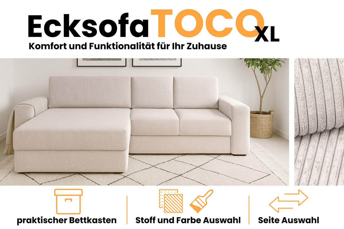 ECKSOFA TOCO XL 275/170 cm in Cord Creme links - Creme, Holz/Holzwerkstoff (275/170cm) - Deine Möbel 24