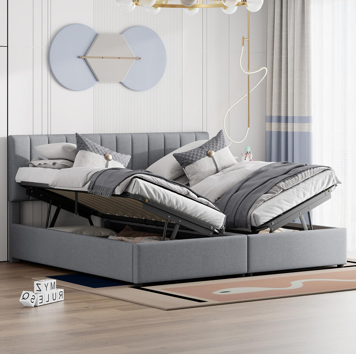POLSTERBETT 180/200 cm grau aus Leinenstoff mit Stauraum - Grau, Textil (180/200cm) - OKMYHOME