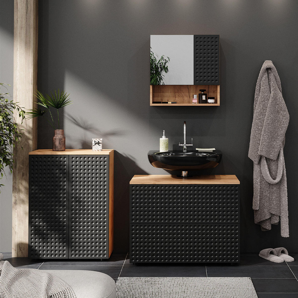 BADMÖBEL-SET Irma Anthrazit gepunktet 3 Teile, mit Unterschrank 80 cm - Anthrazit/Eiche Wotan, Holzwerkstoff (80/58/41cm) - Vicco