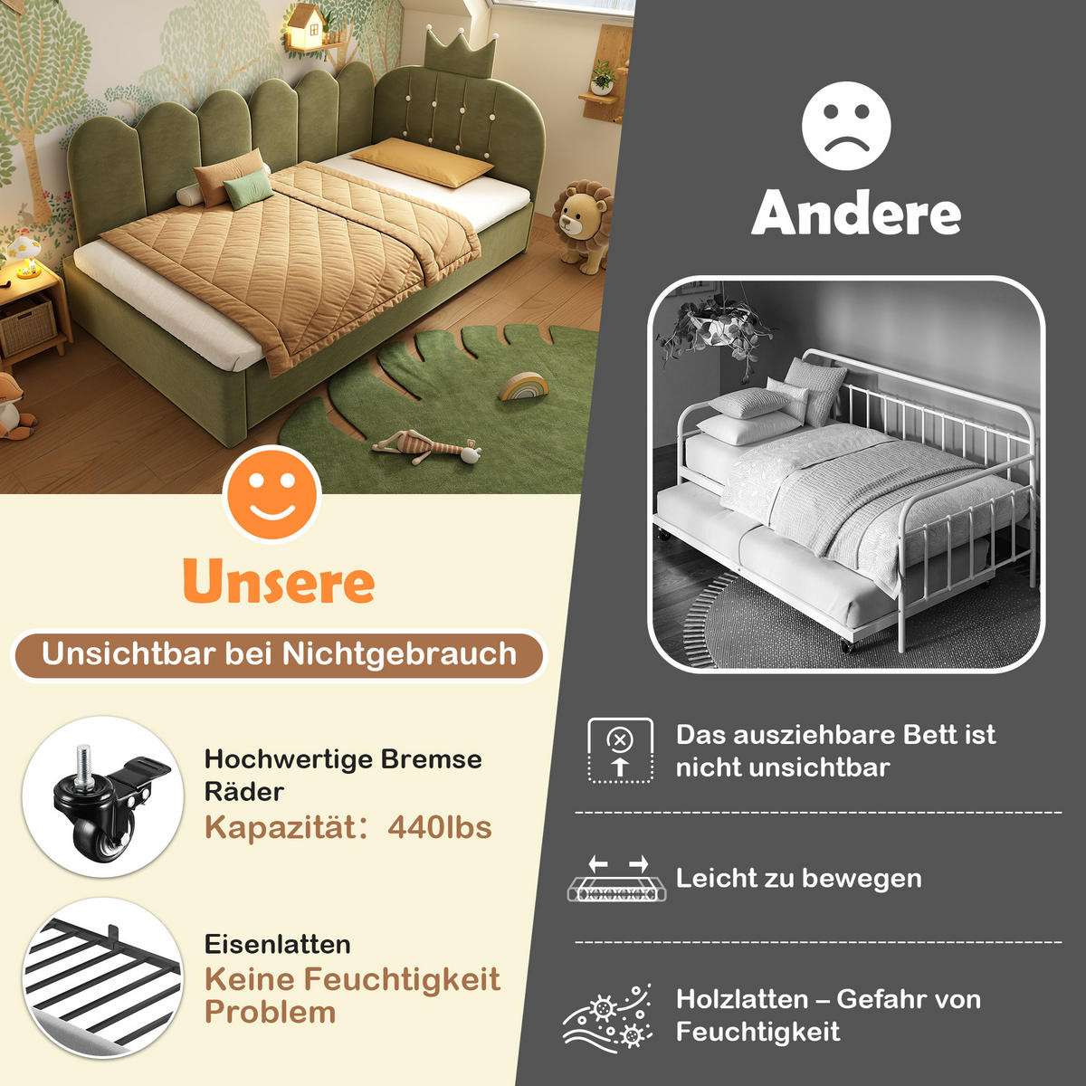 KINDERBETT Kindereinzelbetten 90/200 cm mit Ausziehbett 90/190 cm, L-Form, Kronen- und Gitterdesign aus Samt, Grün - Grün, Textil (90/200cm) - Redom