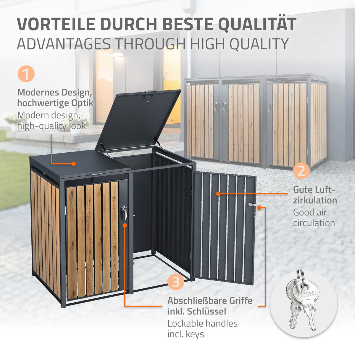 MÜLLTONNENBOX 3er Anthrazit-Eichenoptik - Graubraun, Metall (80/116.3/200cm) - ML-DESIGN