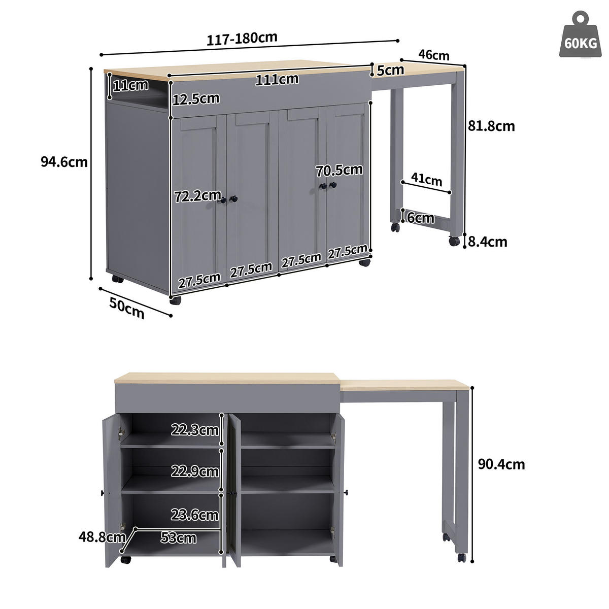 BARTISCH Ausziehbarer aus MDF mit Stauraum, 117-180/50/94,6 cm, Grau - Grau, Holzwerkstoff (50/94.6/117cm) - Redom