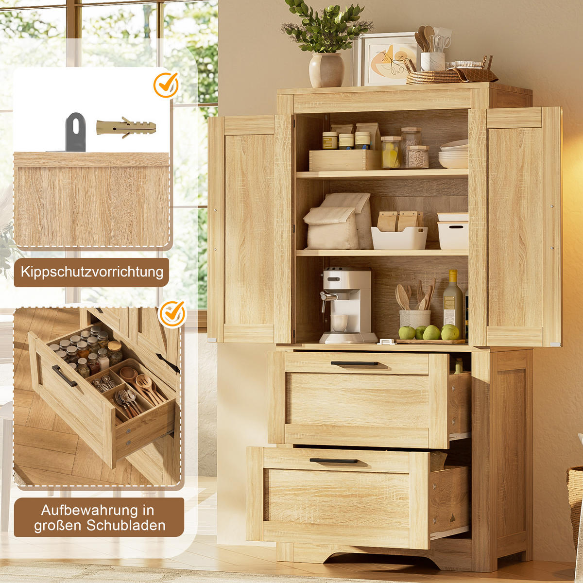 HIGHBOARD DE-38698 60/30/128 cm 2 Schubladen und Scheunentür Naturholz - Naturfarben, Holzwerkstoff (60/128/30cm) - ComfortXL