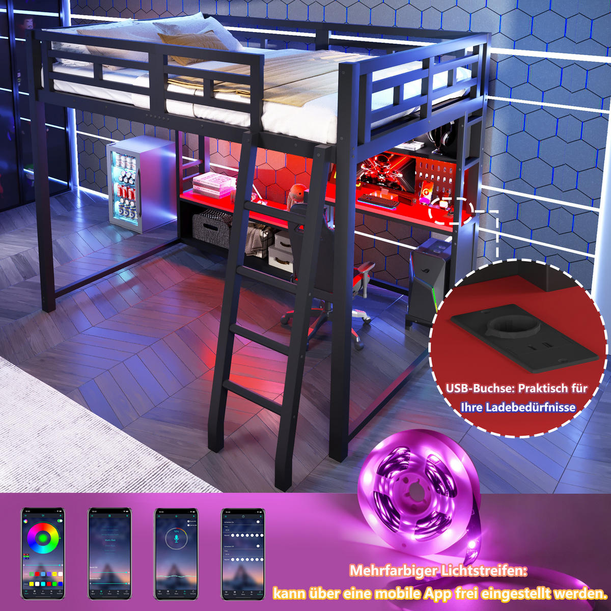 HOCHBETT 140x200 cm Metall mit Schreibtisch im Gaming-Stil- Rot - Schwarz, Metall (140/200cm) - KOMHTOM