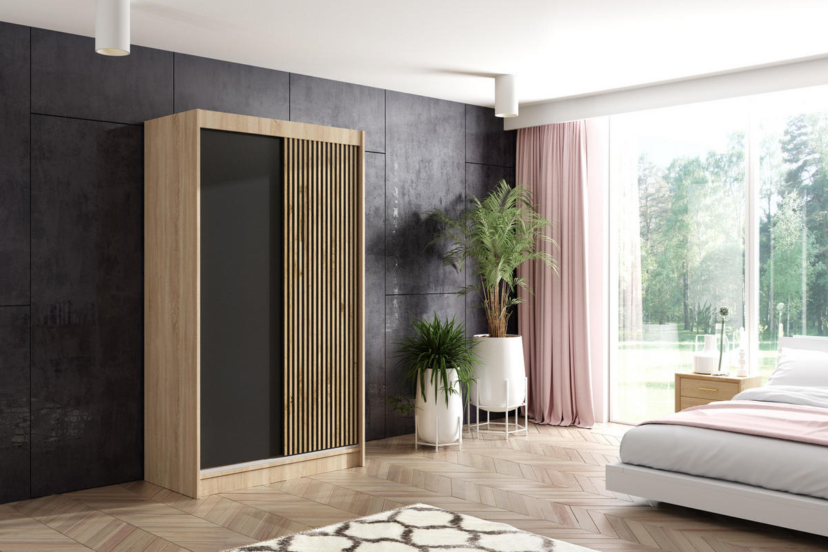 KLEIDERSCHRANK VILAN mit Lamel/LED - 120 cm - Sonoma Eiche|Eiche Wotan - Eiche Wotan/Sonoma Eiche, Holzwerkstoff (120/215/61cm) - ALTDECOR