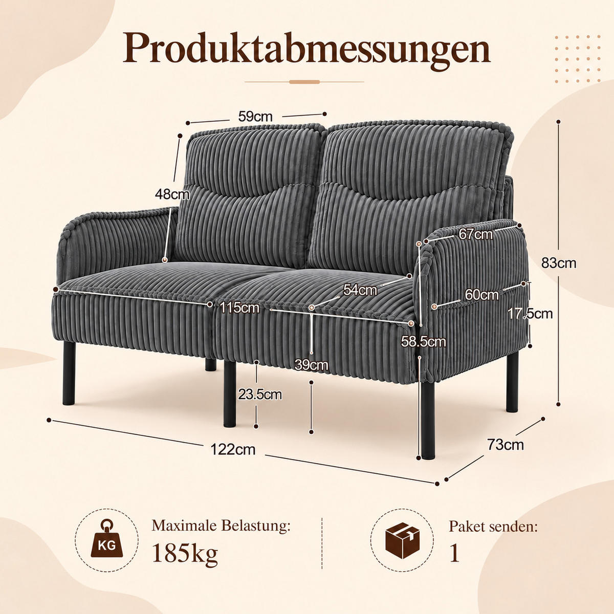 2-SITZER Sofa 122/73/83 cm Cordstoff mit Seitentaschen und Metallbeinen Grau - Schwarz/Grau, Textil/Metall (73/83/122cm) - Redom