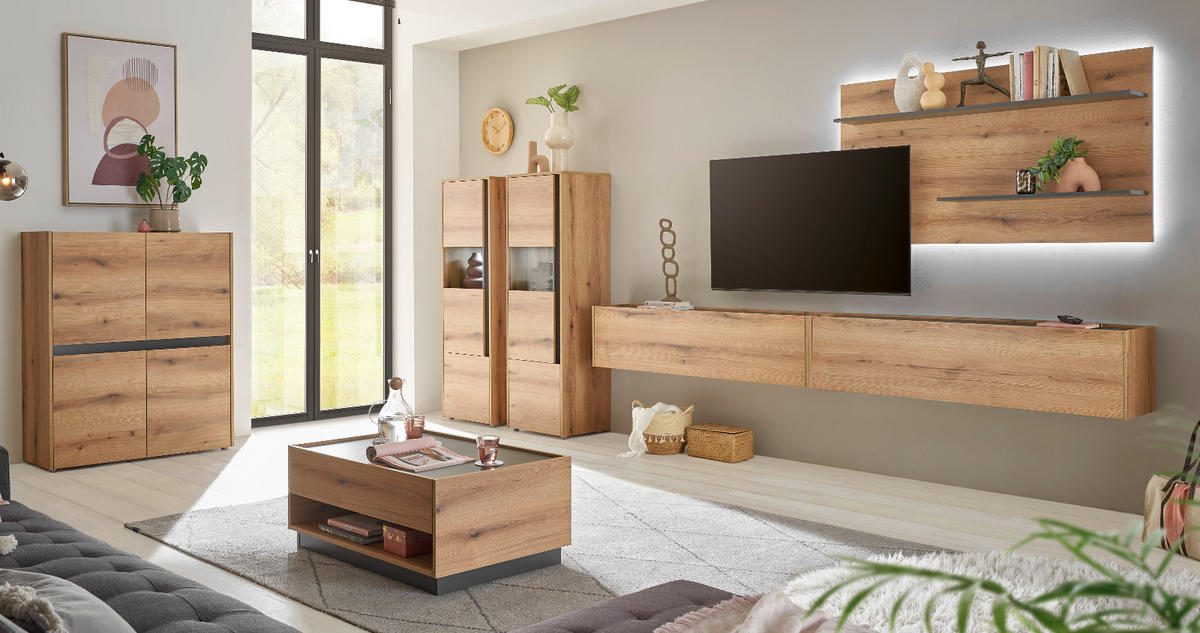 SCHRANK-SET 3-teilig Evoke Eiche, grau, Wohnkombination mit 3 x Vitrine - Eichefarben/Grau, Holz/Holzwerkstoff (190/155/40cm) - Furn.Design