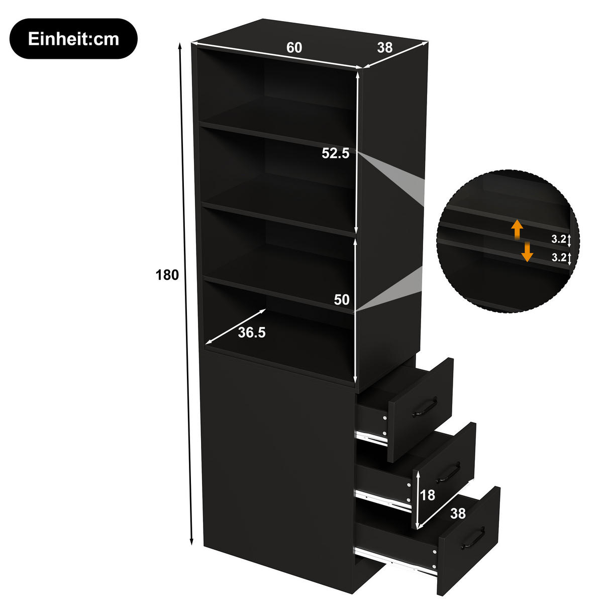 HIGHBOARD 60/38/180 cm in Schwarz mit Seitenschubladen und verstellbaren Böden - Schwarz, Holzwerkstoff (60/180/38cm) - Flora Grace
