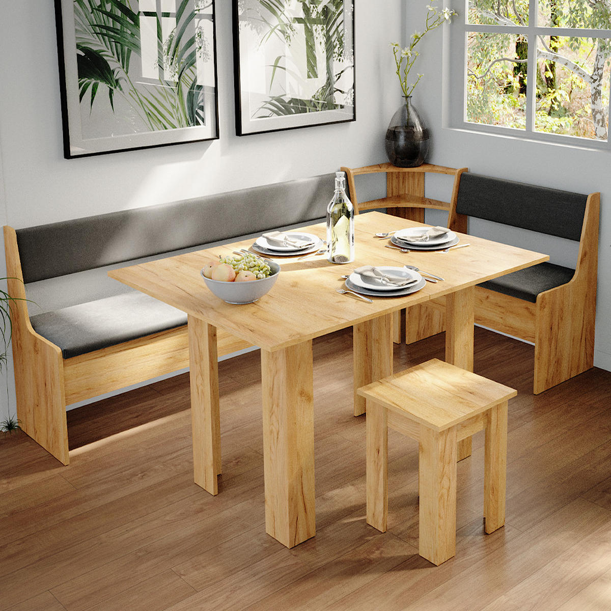 ECKBANKGRUPPE Roman Goldkraft Eiche 210 x 41.5 cm mit Tisch - Honigeiche/Anthrazit, Holzwerkstoff (210/80/120cm) - Vicco