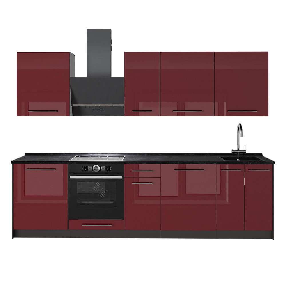 KÜCHENZEILE Fame-Line, Bordeaux Hochglanz/Anthrazit, 280 cm, AP Anthrazit - Bordeaux/Anthrazit, Holzwerkstoff (280/206.8/60cm) - Vicco