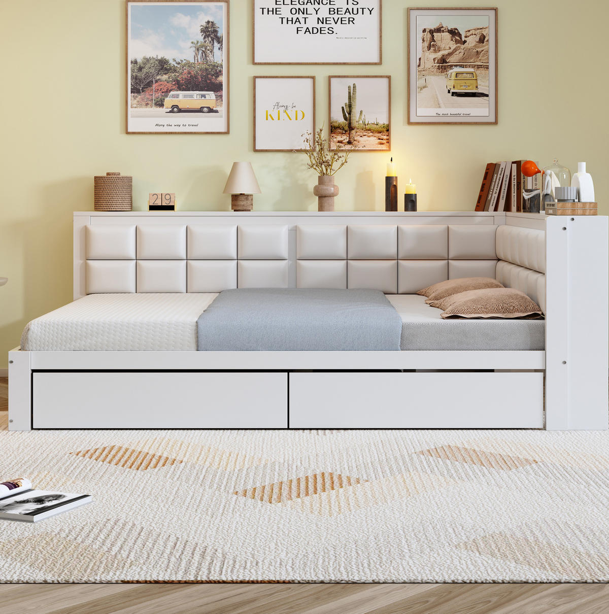 BETT aus Kiefernholz 140x200 cm Weiß mit weicher Rückenlehne und 2 Schubladen - Weiß, Holzwerkstoff (140/200cm) - Modfu