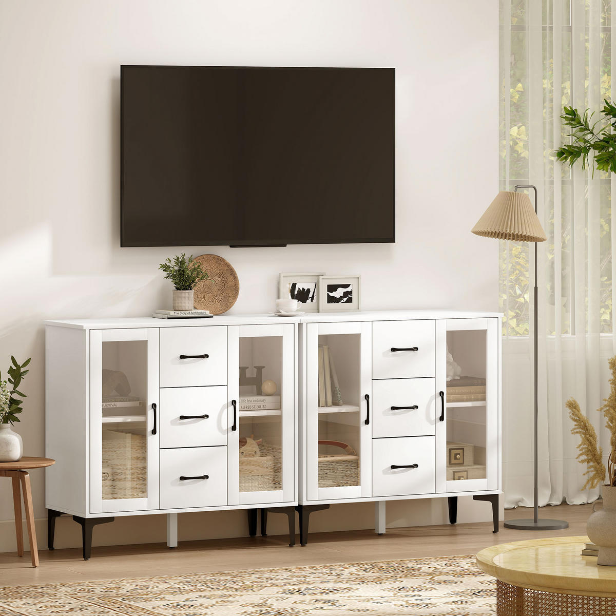SIDEBOARD DE-08723 3 Schubladen & 2 Glastüren mit Soft-Close Weiß - Weiß, Holzwerkstoff (90/86/38cm) - ComfortXL