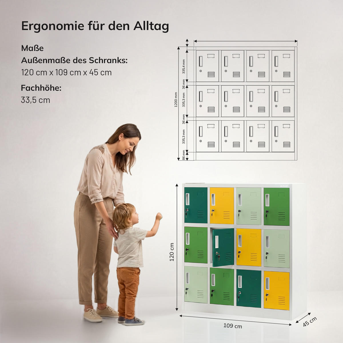 METALLSCHRANK für Schulen und Kindergärten OLA 1090 x 1200 x 450 mm - Gelb/Grau, Metall (109/120/45cm) - Jan Nowak