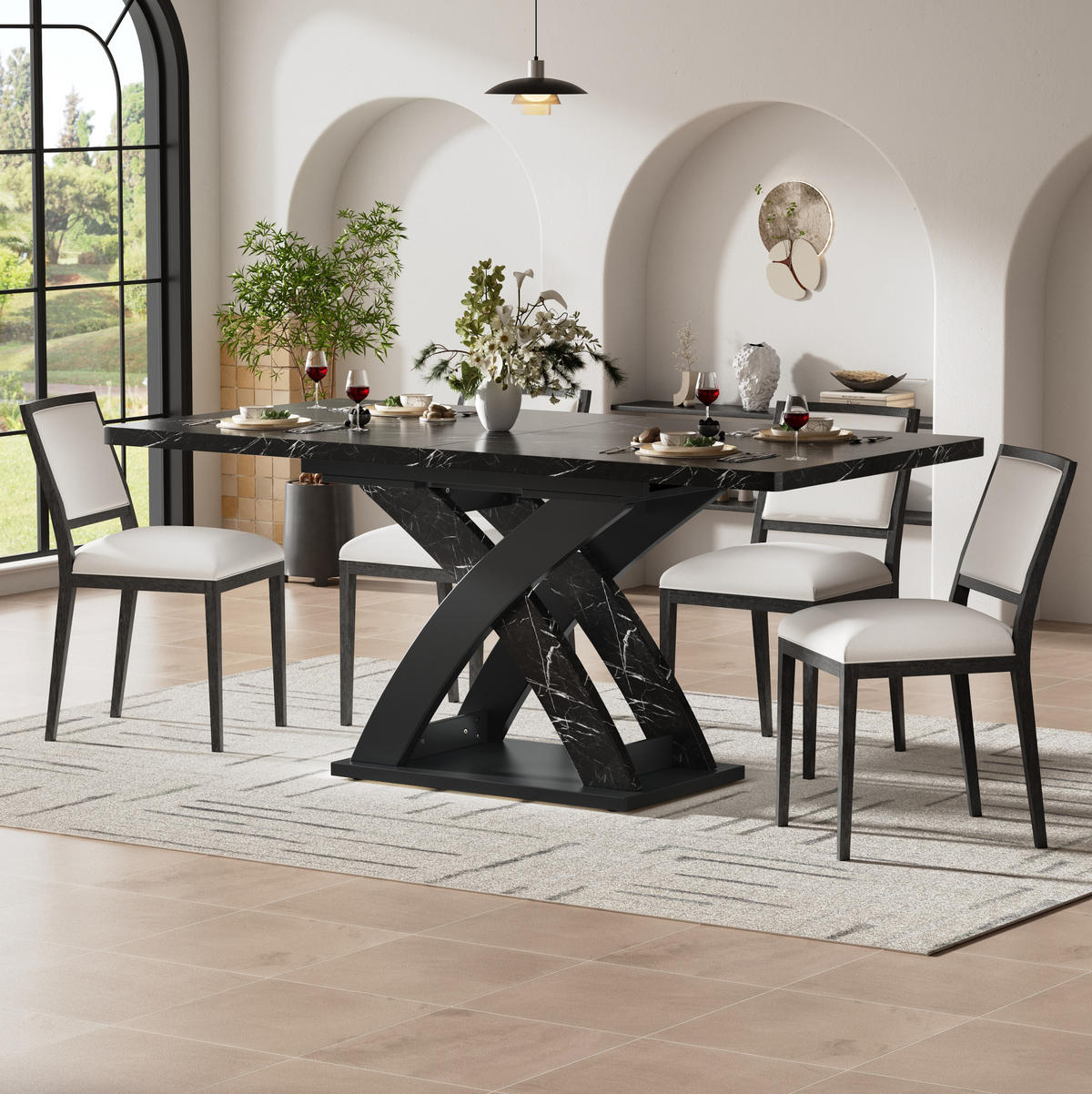 ESSTISCH 120-160x80x75 cm in Schwarz aus MDF auf X-Gestell aus Metall ausziehbar - Schwarz, Holzwerkstoff (160/80/75cm) - Modfu