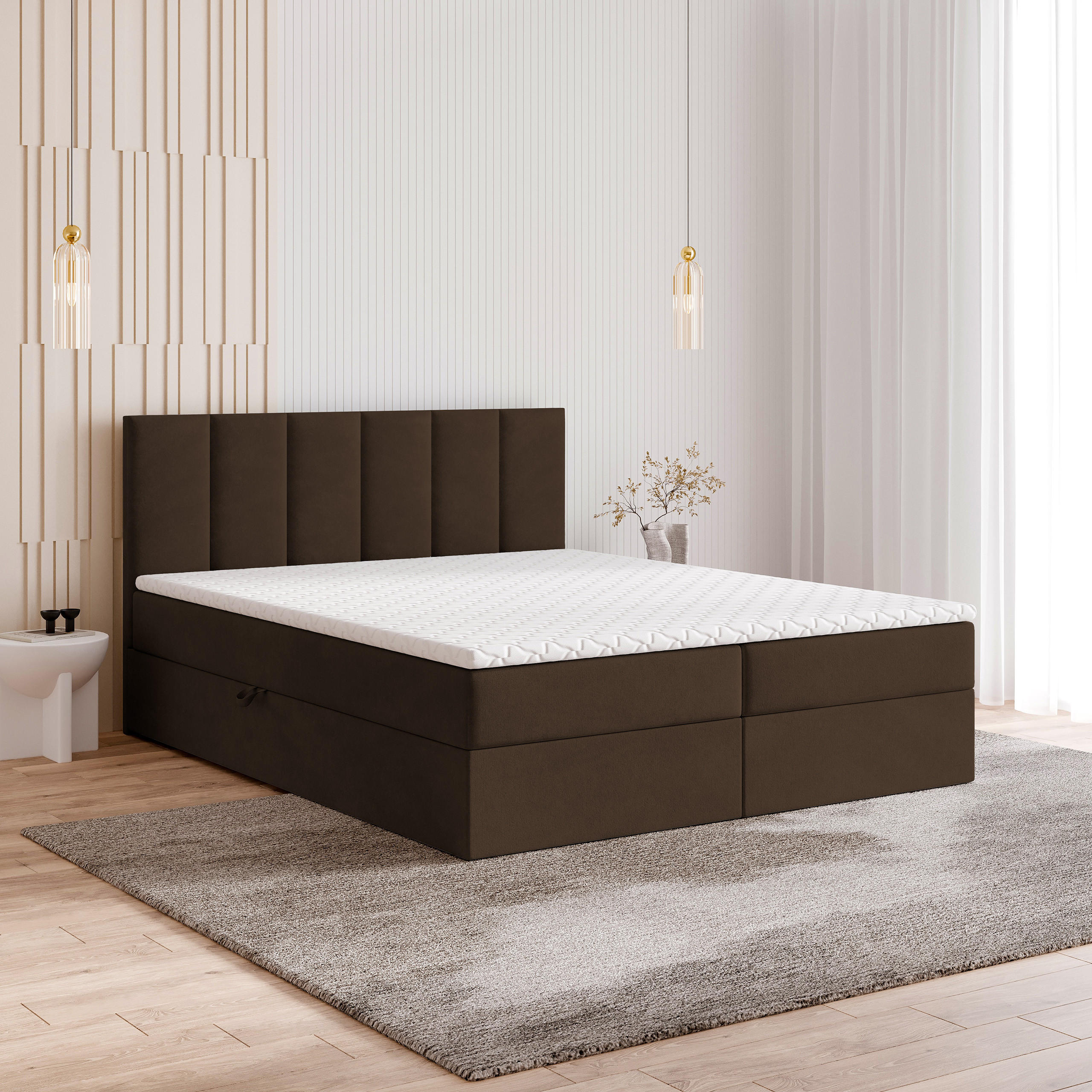 BOXBETT MERIL 140x200 cm mit Matratze und Topper - Braun - Braun, Holz (140/200cm) - MASSENO