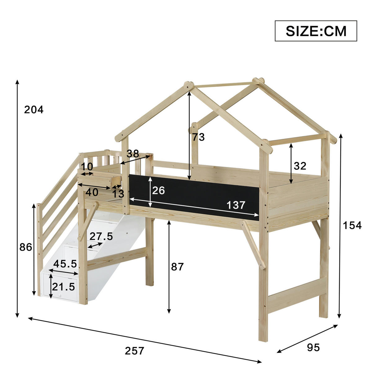 HAUSBETT 90/200 cm mit Stauraumtreppe und Tafel in Weiß/Natur - Weiß, Holzwerkstoff (90/200cm) - BEAOK