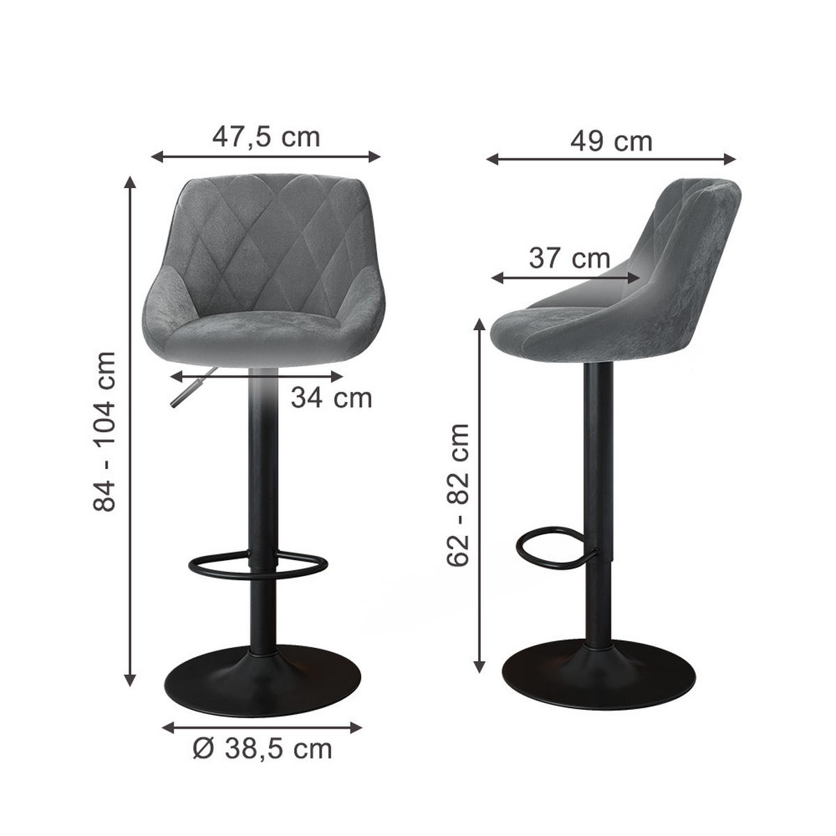 BARHOCKER 2ER SET Sena, Grau/Schwarz, 38.5 x 84 cm - Schwarz/Grau, Textil (47.5/84/49cm) - Vicco