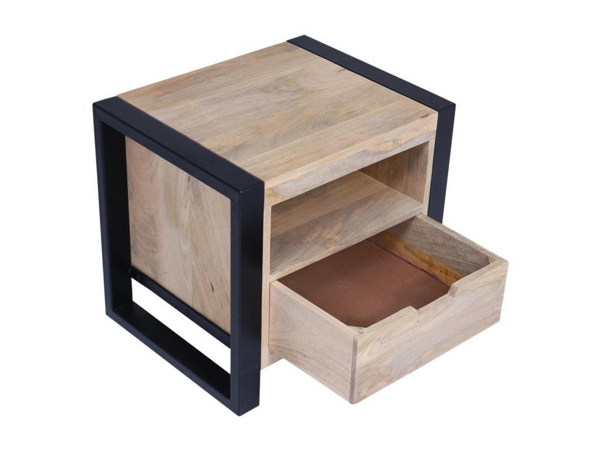 NACHTTISCH mit 1 Schublade & 1 Ablagefach - Mangoholz & Metall - Holzfarben & Schwarz - HARLEM II - Schwarz, Holz (40/45/50cm) - Vente-Unique