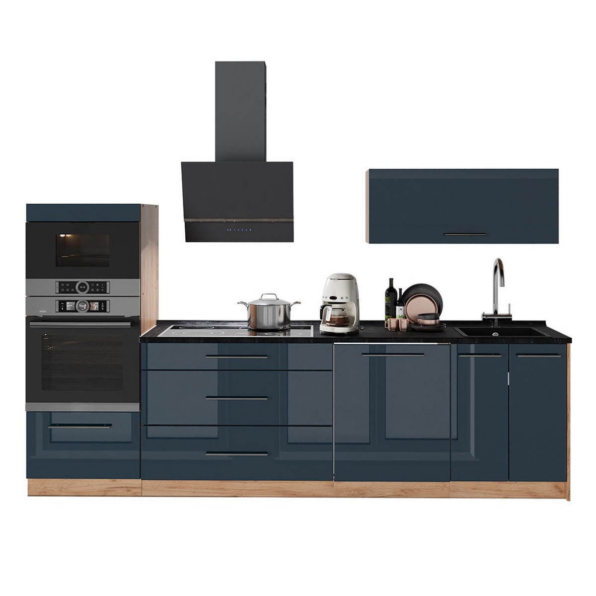 KÜCHENZEILE Fame-Line, Dunkelblau Hochglanz/Goldkraft Eiche, 280 cm, AP Marmor - Honigeiche/Dunkelblau, Holzwerkstoff (280/153.6/60cm) - Vicco