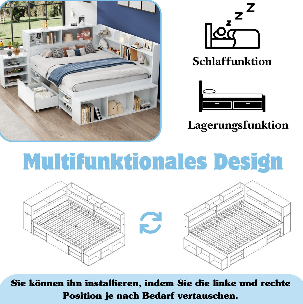 KINDERBETT 140/200 cm mit Lattenrost, Schublade, Bücherregal und Stauraum aus Sperrholz, Weiß - Weiß, Holzwerkstoff (140/200cm) - Redom