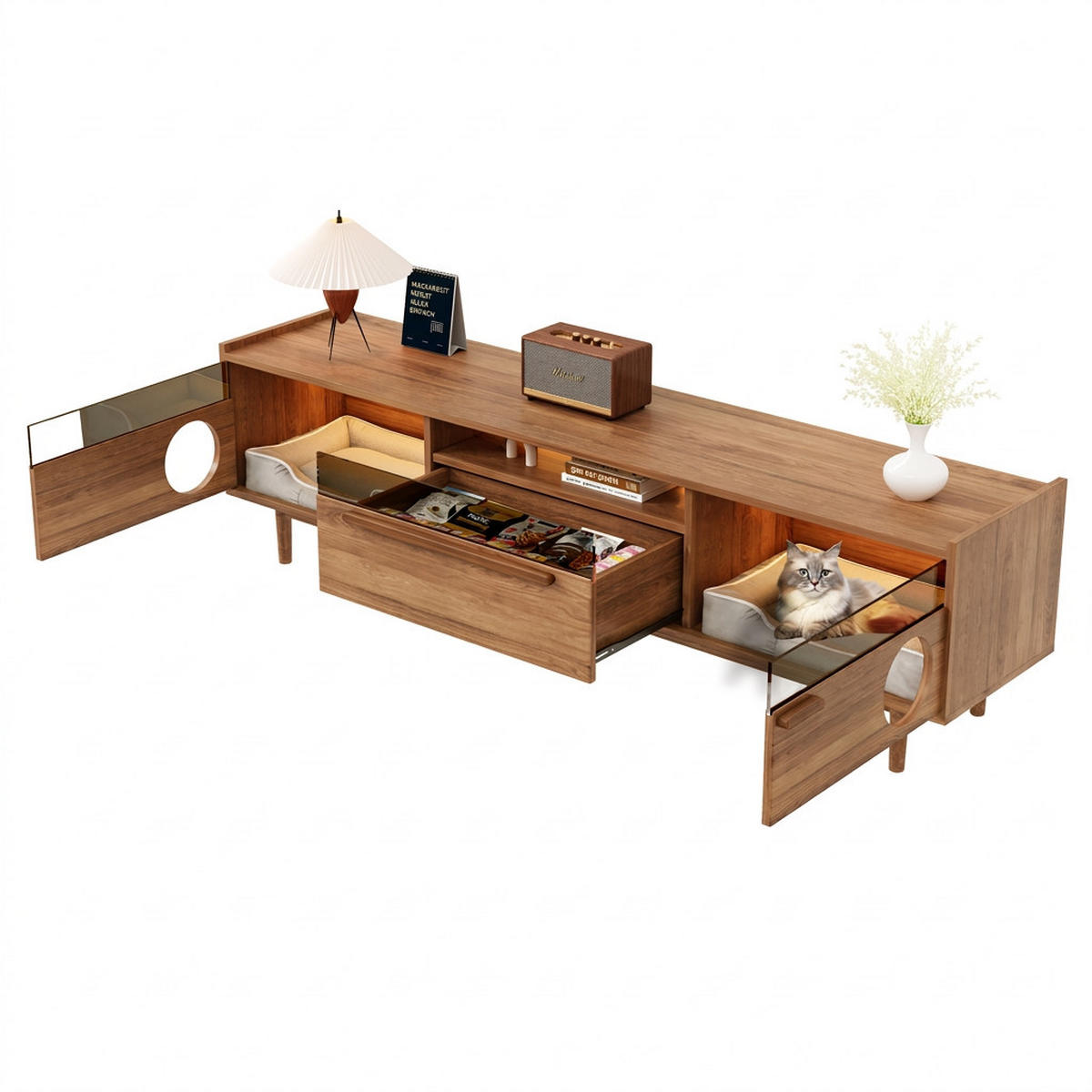 TV-SCHRANK 180/40/50 cm Nussbaum mit LED und Katzenhöhle - Nussbaumfarben, Holzwerkstoff (180/50/40cm) - Oxeza