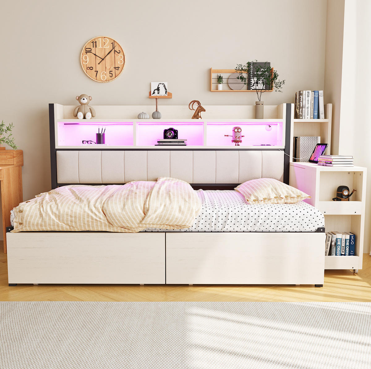 BETT 90/200 cm in Weiß mit Schreibtisch, Stauraum und Steckdosen - Weiß, Metall (90/200cm) - Flora Grace