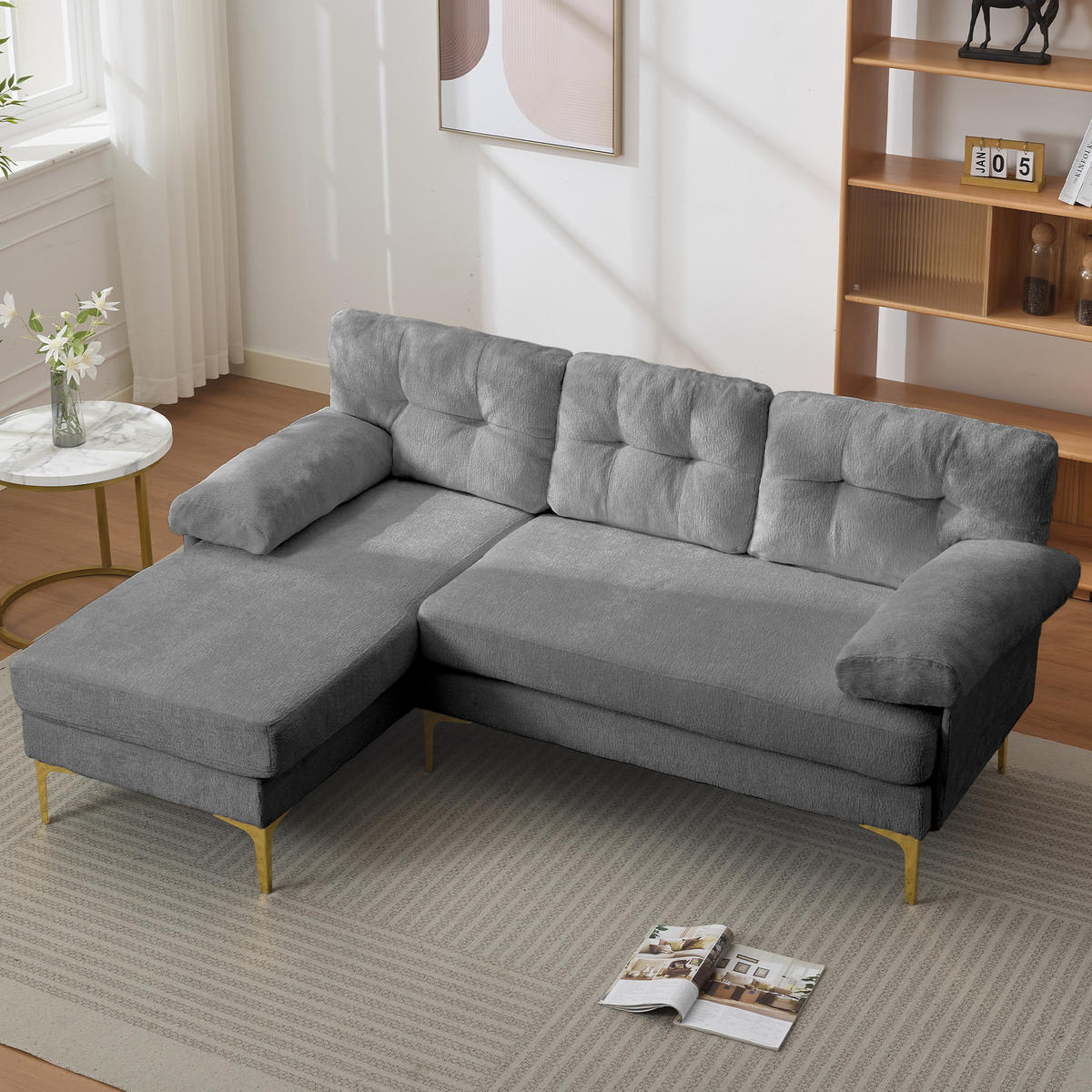 ECKSOFA 187.5/130/79 cm Grau mit 3 Sitzkissen und Stuhlbeine aus Metall - Grau, Textil (130/79/187.5cm) - Oxeza