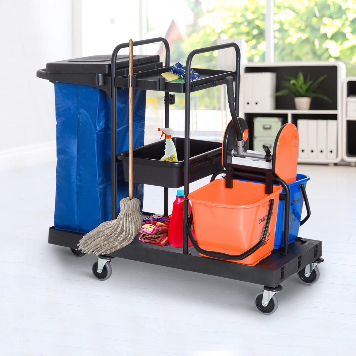 REINIGUNGSWAGEN Metall Kunststoff Schwarz Blau Orange - Schwarz, Kunststoff/Metall (63.3/103/111cm) - HOMCOM