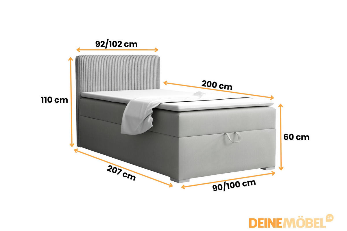 BOXBETT TEEN 4 90/200 Velours / Cord Hellgrau H3 - Hellgrau, Holz/Holzwerkstoff (90/200cm) - Deine Möbel 24
