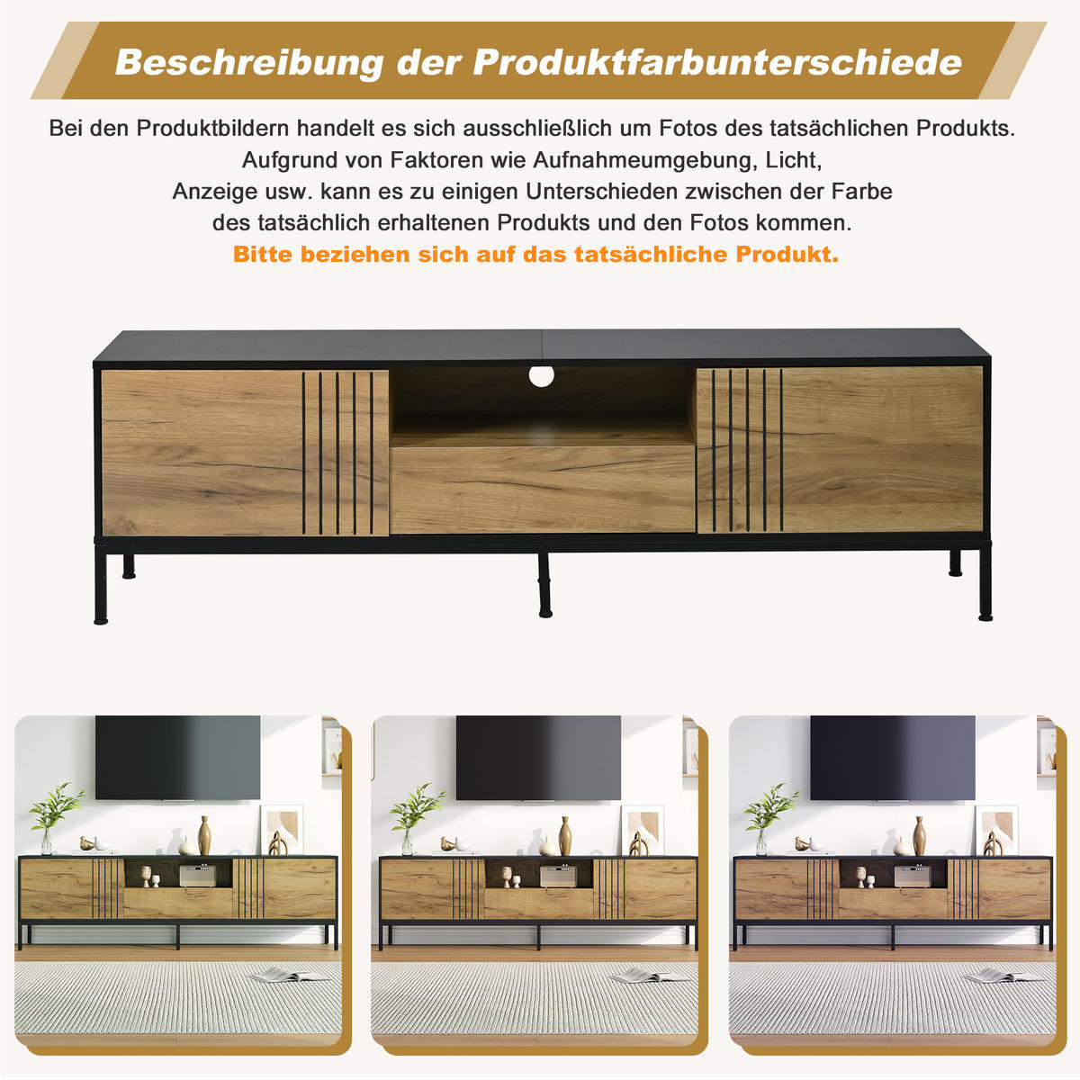 LOWBOARD in Naturfarben mit 2 Schränken & Schublade , für TVs bis 70 Zoll, B170/T35/H50cm - Schwarz/Naturfarben, Holzwerkstoff/Metall (170/50/35cm) - STILVORA