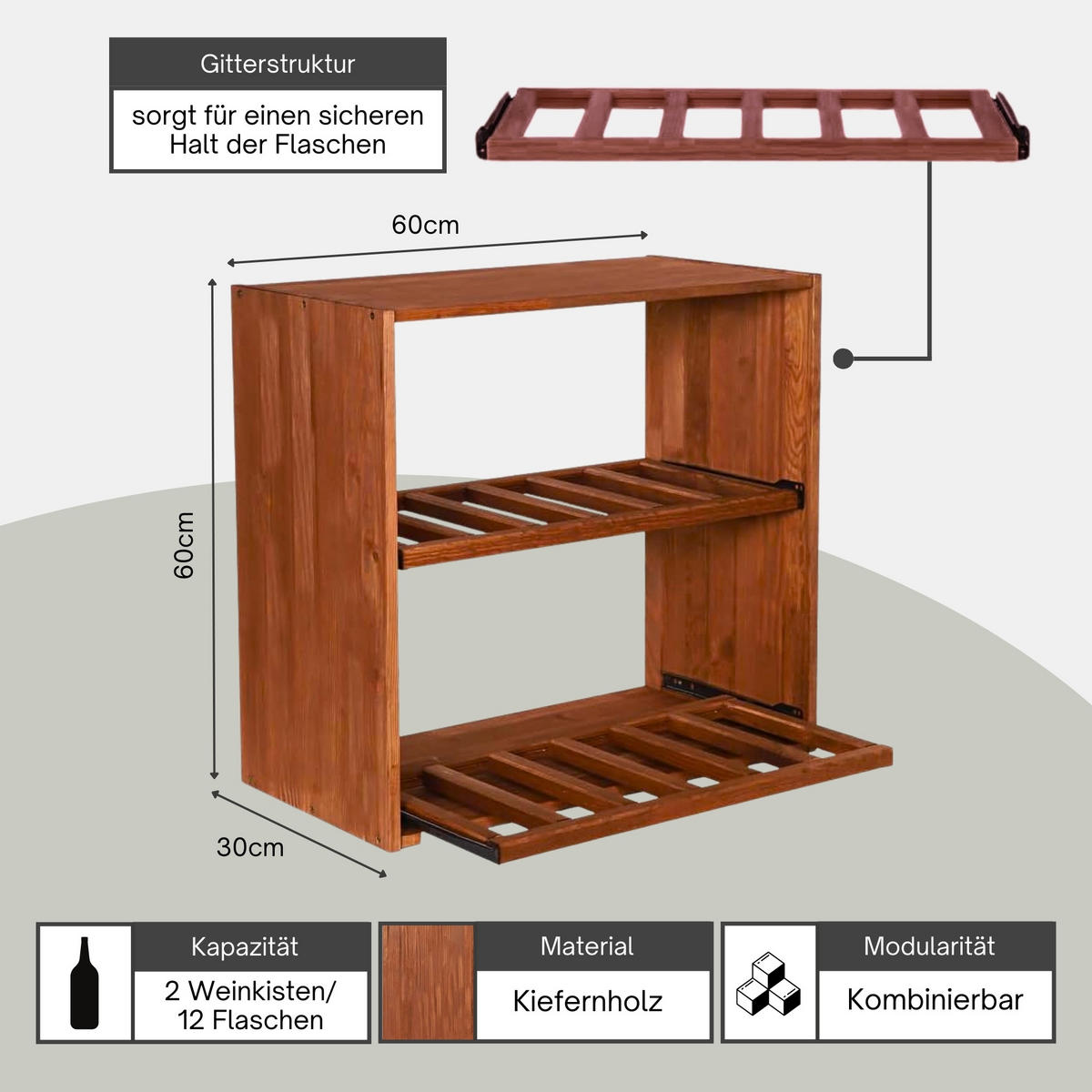 WEINREGAL Vincellar Mod 60x60x30 cm Modul Für 12 Flaschen Oder Weinkisten mit Ausziehbaren Ebenen Massives Kiefernholz Braun Geölt - Braun, Holz (60/60/30cm) - PROREGAL