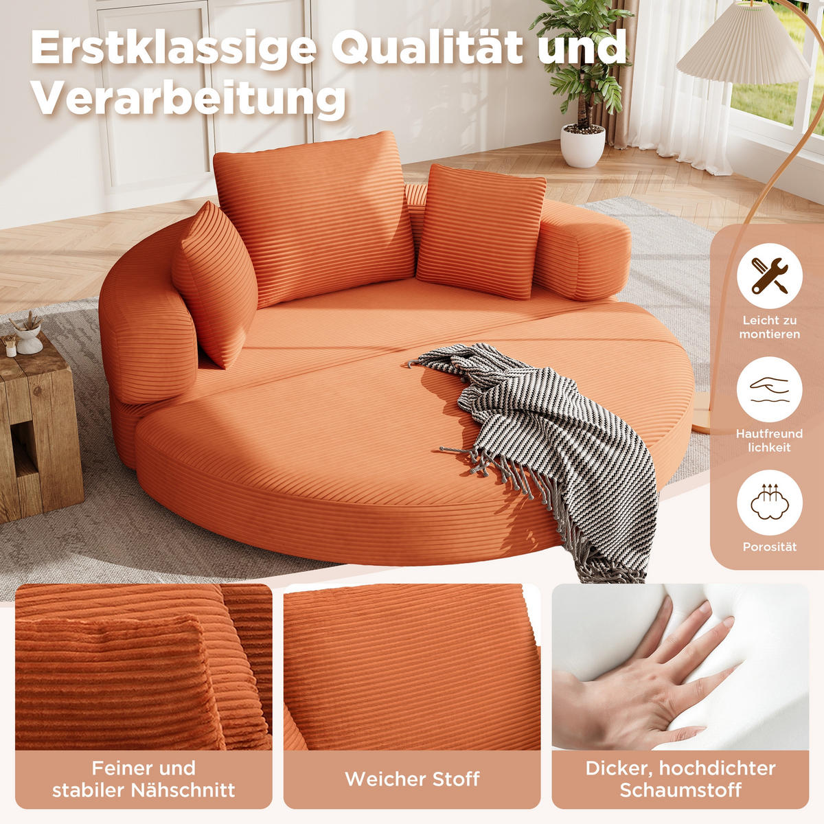 ROZKLÁDACÍ POHOVKA modulární z měkkého manšestru pro hosty - tmavě oranžová, textil (173/40/176cm) - Urban Meuble