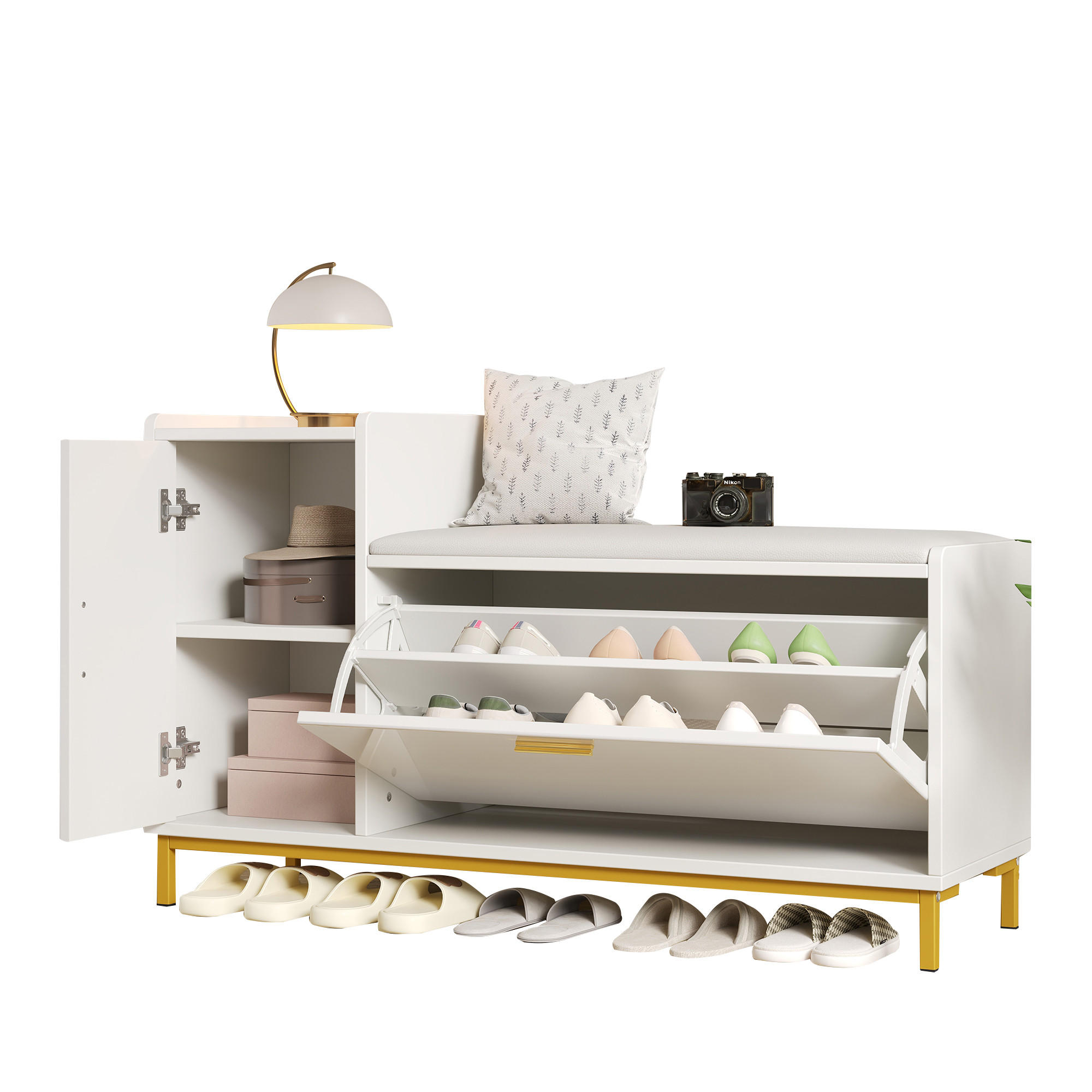 SCHUHSCHRANK Weiß Gold Hochglanz 100x38x68cm Sitzbank Stauraum - Multicolor, Holzwerkstoff (38/68/100cm) - FLIEKS