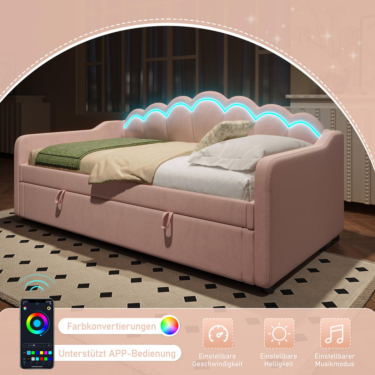 TAGEBETT 90x200cm Rosa Samt Hydraulik Stauraum LED-Streifen - Pink, Holz (90/200cm) - FLIEKS