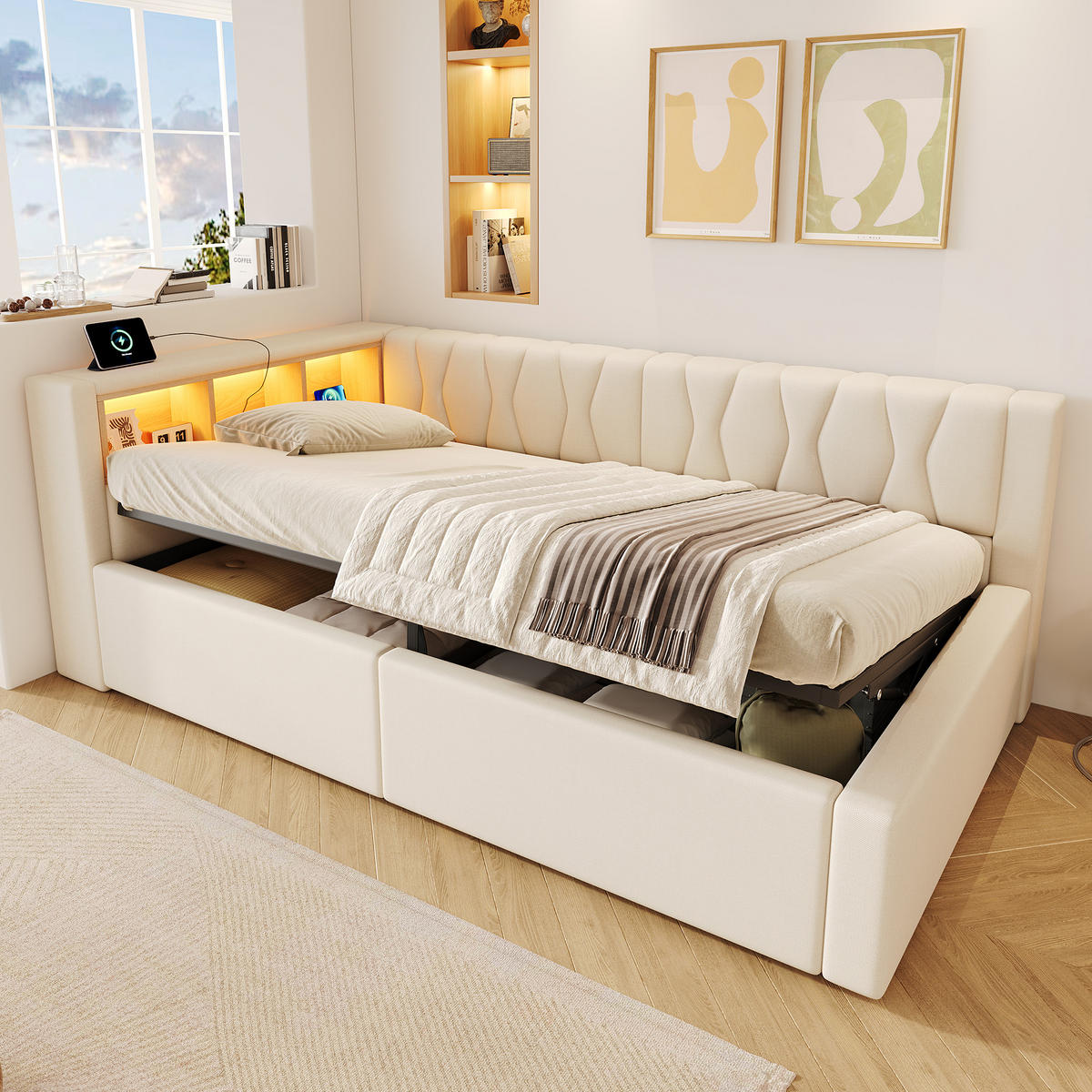 TAGESBETT 90x200cm Schlafsofa Hydraulik LED USB Beige - Beige, Naturmaterialien (90/200cm) - FLIEKS