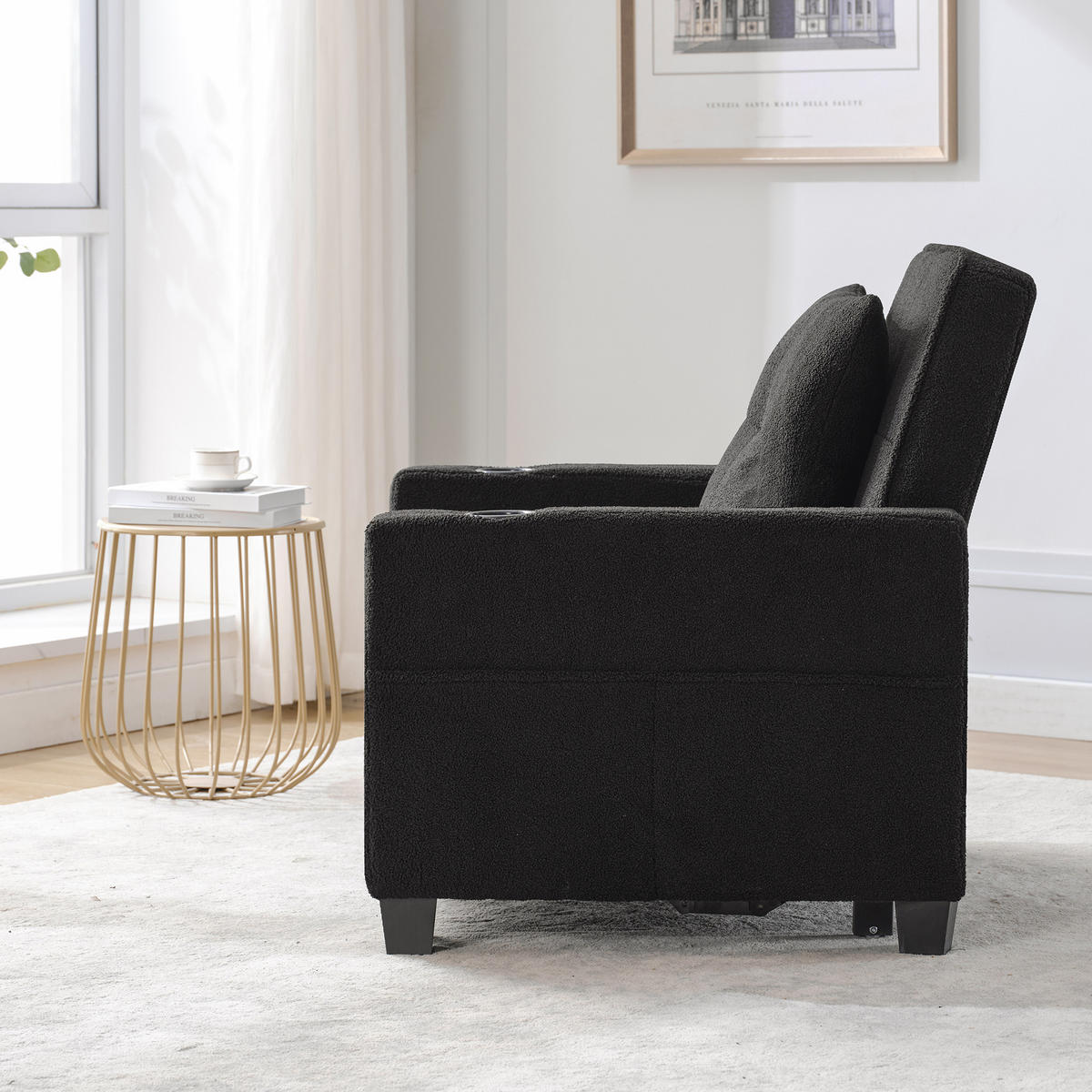 RELAXSESSEL 87/74/84 cm Schwarz mit Getränkehaltern und USB Anschluss - Schwarz, Textil (74/84/87cm) - Oxeza
