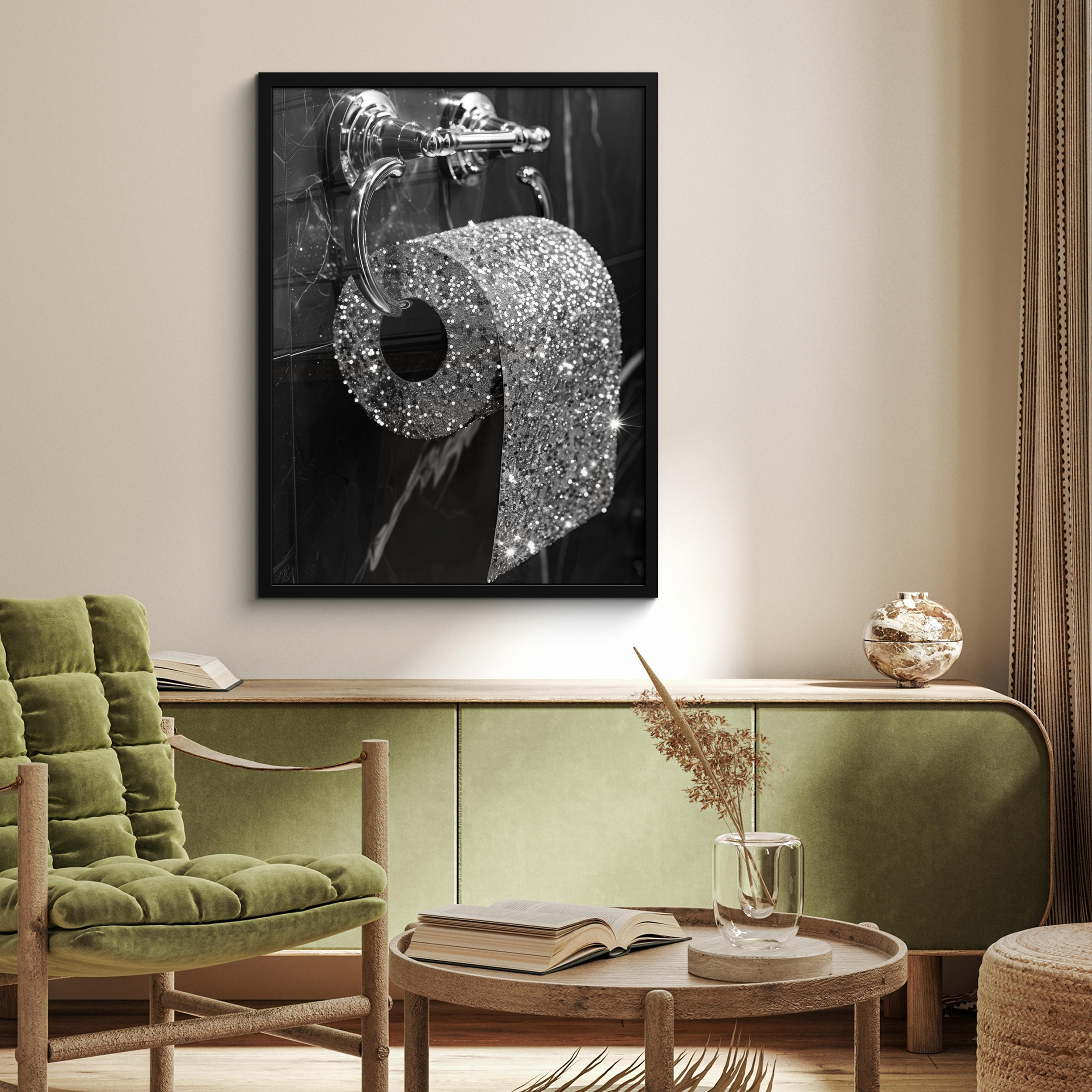 GERAHMTES BILD WC - Toilettenpapier - Schwarz und weiß - Glitter 60x80 cm - Silberfarben, Papier (60/80cm) - MuchoWow
