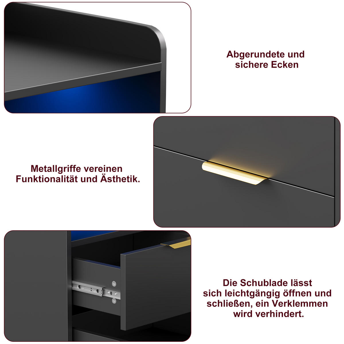 NACHTTISCH Schwarz mit 2 Schubladen, Bettseittisch mit LED-Beleuchtung und Ladeanschlüssen, 40/40/60 cm - Goldfarben/Schwarz, Holz/Metall (40/60/40cm) - BPKADHY