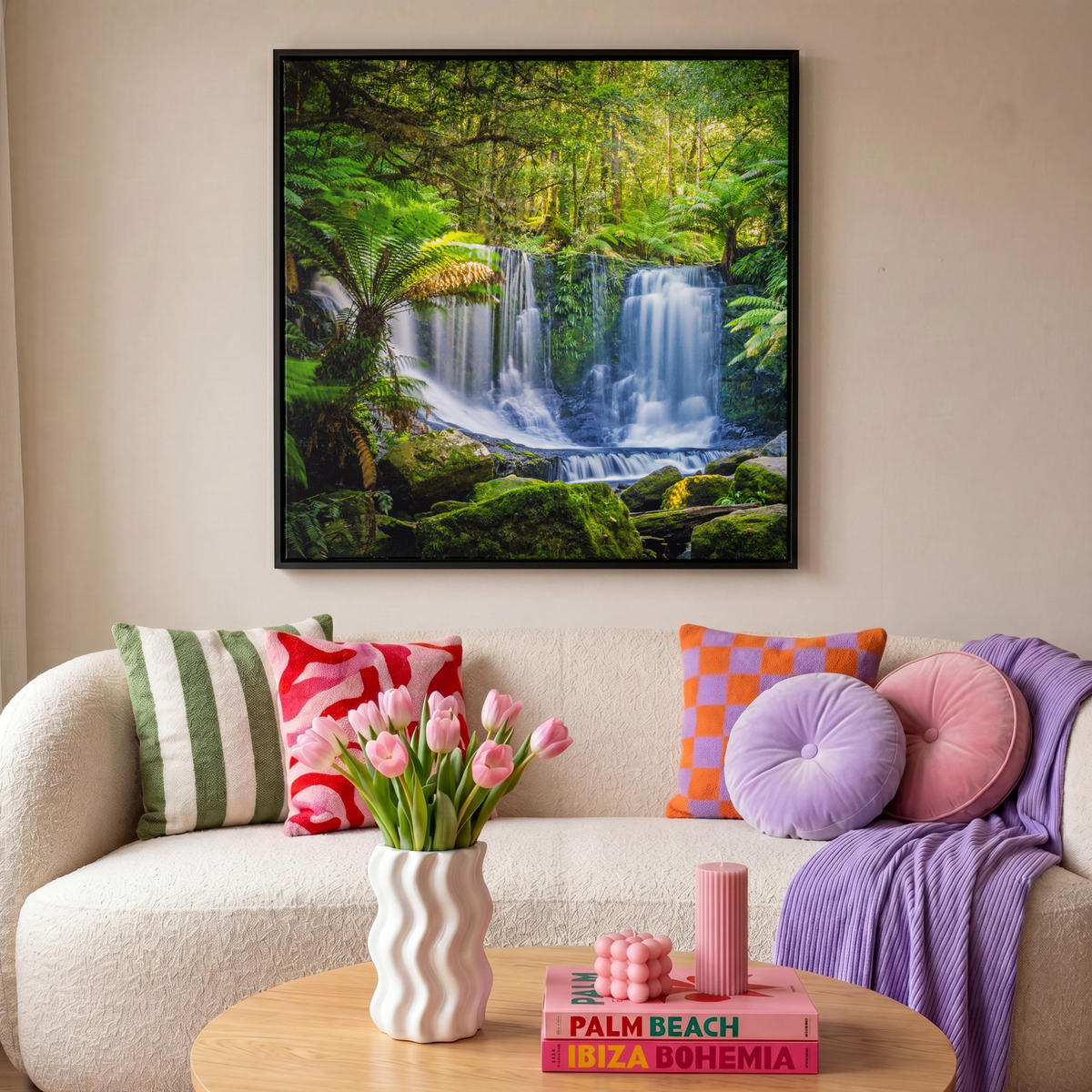 LEINWAND Bilder mit Rahmen - Dschungel - Wasserfall - Australien - Pflanzen - Natur - 90x90 - Dunkelgrün, Textil (90/90cm) - MuchoWow