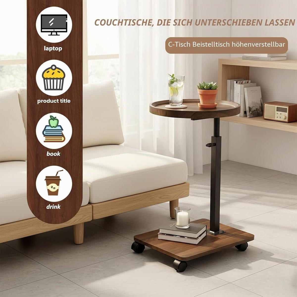 BEISTELLTISCH höhenverstellbar mit Rollen Walnussoptik - Braun, Holzwerkstoff (40/40/80cm)