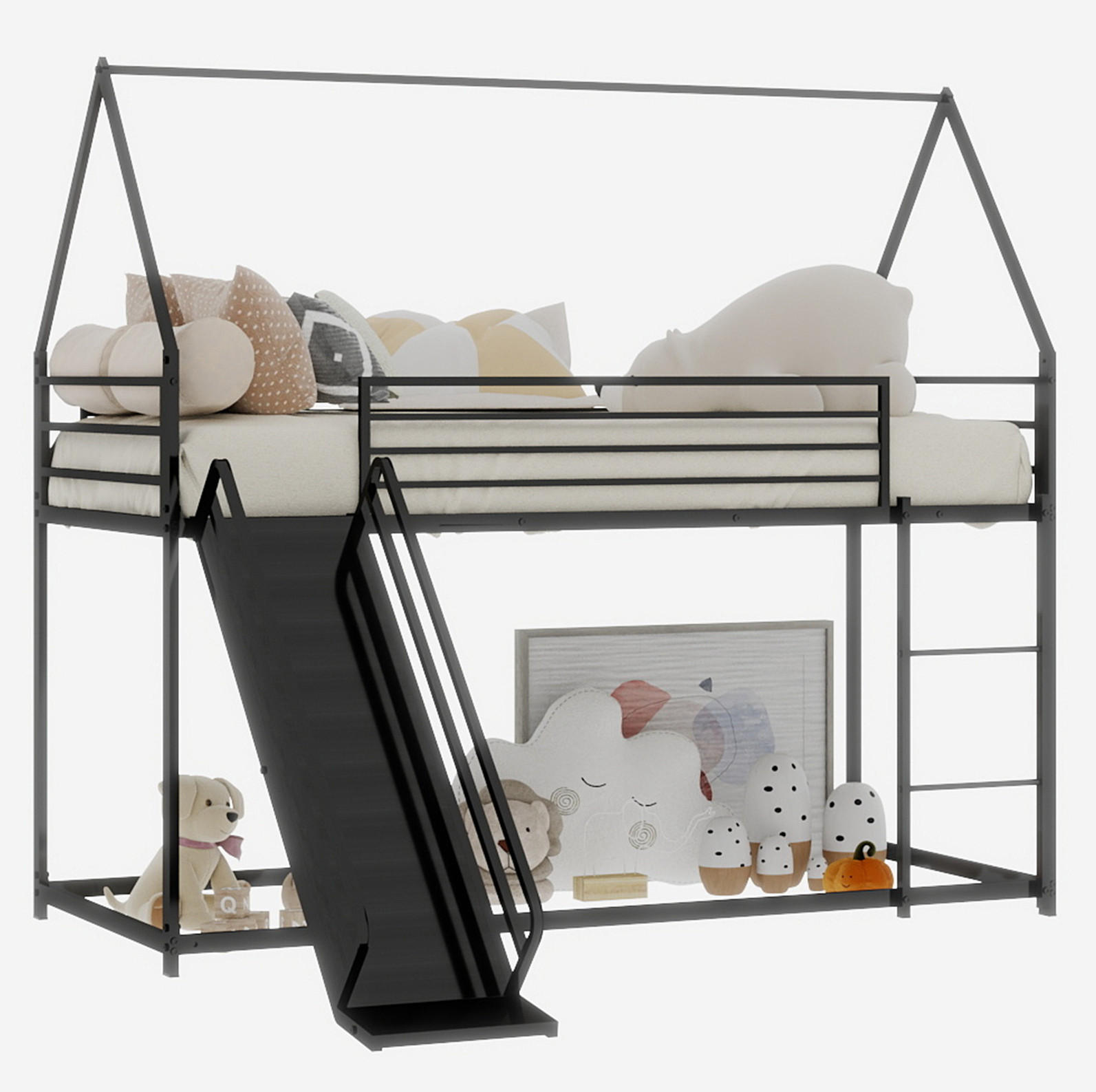 OKWISH PATROVÁ postel 90/190 cm černá z železa se skluzavkou a domkem