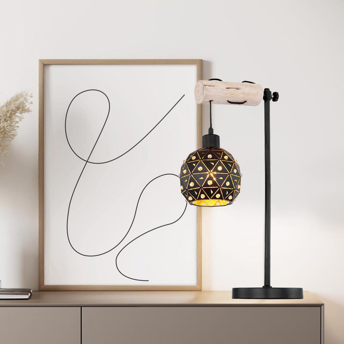 TISCHLEUCHTE Metall Schwarz Matt Gold - Schwarz, Holz (34/18/55cm) - Globo Lighting